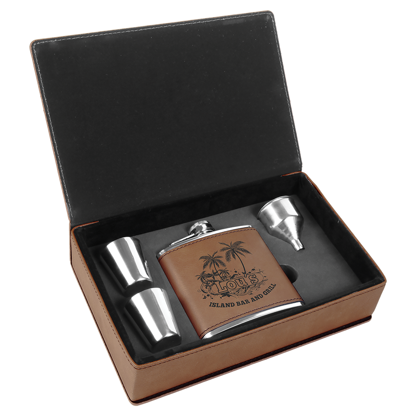 Custom Flask Gift Set - Leather - Dark Brown