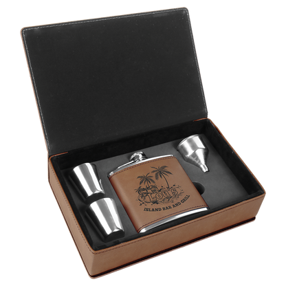 Custom Flask Gift Set - Leather - Dark Brown