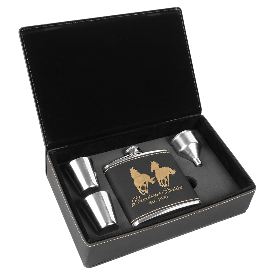 Custom Flask Gift Set - Leather - Black with a Gold Trim
