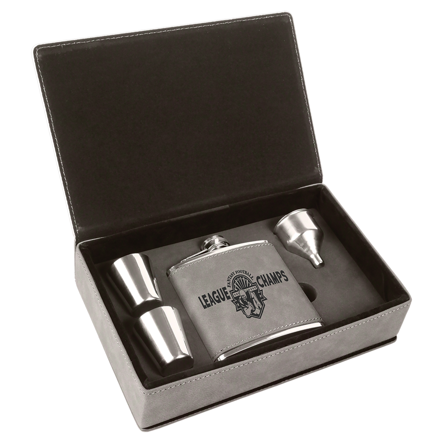 Custom Flask Gift Set - Leather - Grey