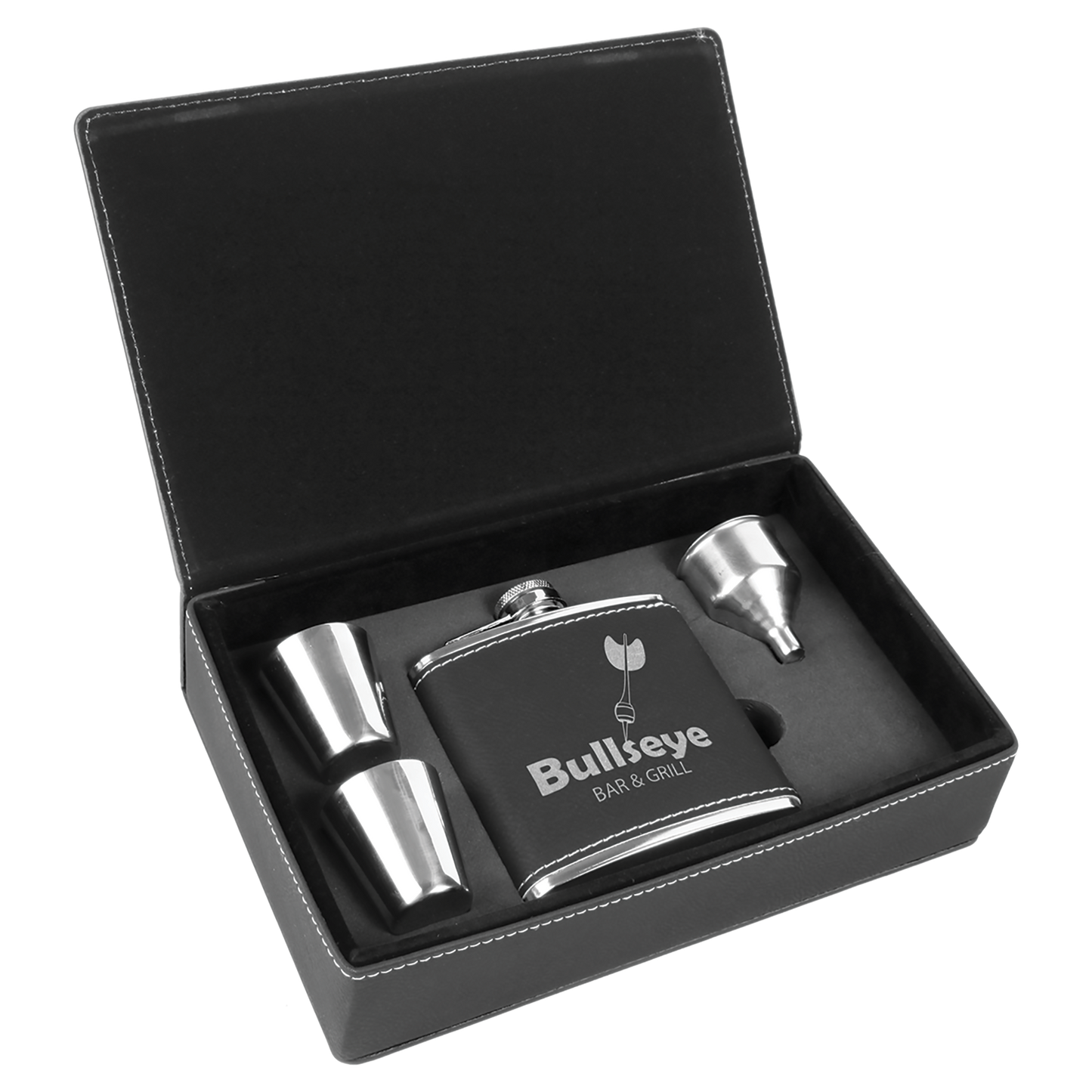 Custom Flask Gift Set - Leather - Black with Silver Engraving