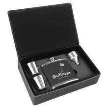 Custom Flask Gift Set - Leather - Black with Silver Engraving