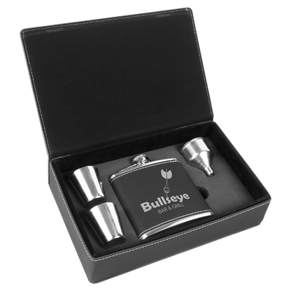 Custom Flask Gift Set - Leather - Black with Silver Engraving