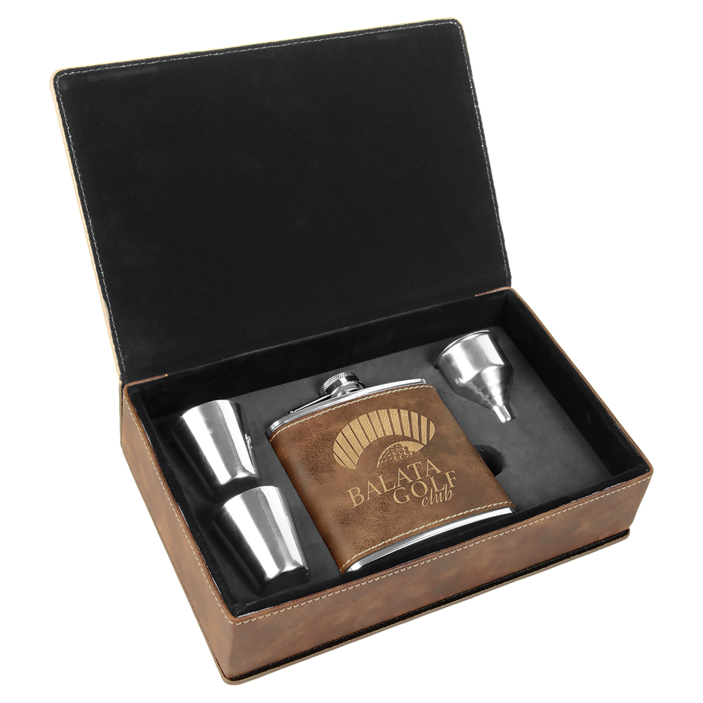 Custom Flask Gift Set - Leather - Rustic with Gold Engraving