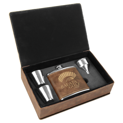 Custom Flask Gift Set - Leather - Rustic with Gold Engraving