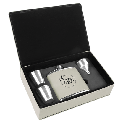 Custom Flask Gift Set - Leather - White
